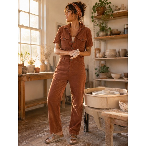 Cleo + Wolf Pants - Cleo + Wolf Corduroy Jumpsuit Rust Brown Utility Short Sleeve Medium